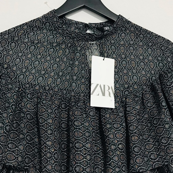 New! ZARA Metallic Thread Ruffles Smock Cropped Printed Blouse Top - Picture 9 of 16